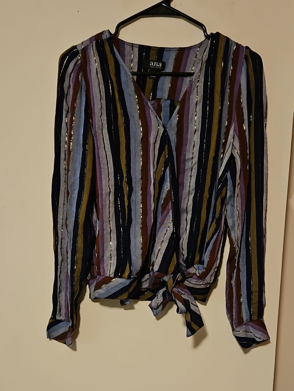 a.n.a Vertical Striped Tie-Front Blouse in Navy, Light Blue, Purple, Brown, Gold
